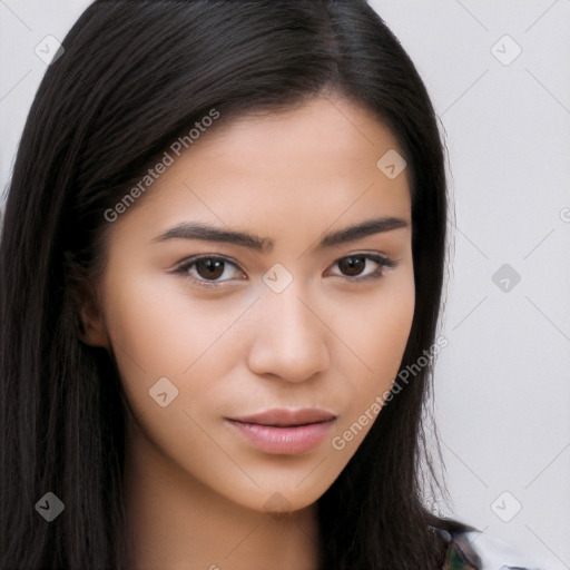 Neutral white young-adult female with long  brown hair and brown eyes