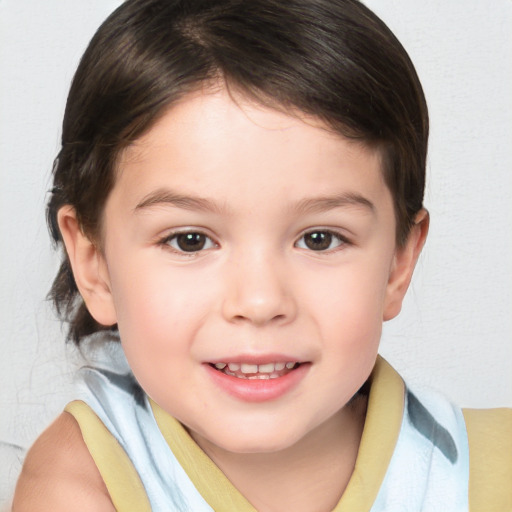 Joyful white child female with medium  brown hair and brown eyes