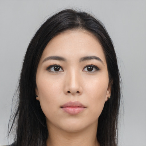 Neutral asian young-adult female with long  black hair and brown eyes