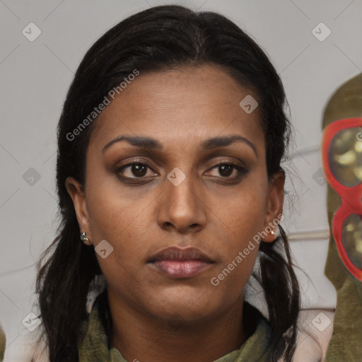 Neutral asian young-adult female with medium  brown hair and brown eyes