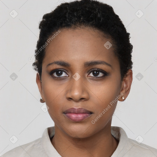 Neutral black young-adult female with short  black hair and brown eyes