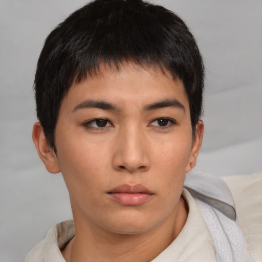 Neutral asian young-adult male with short  brown hair and brown eyes