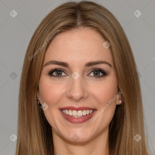 Joyful white young-adult female with long  brown hair and brown eyes