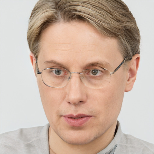 Joyful white adult male with short  brown hair and blue eyes