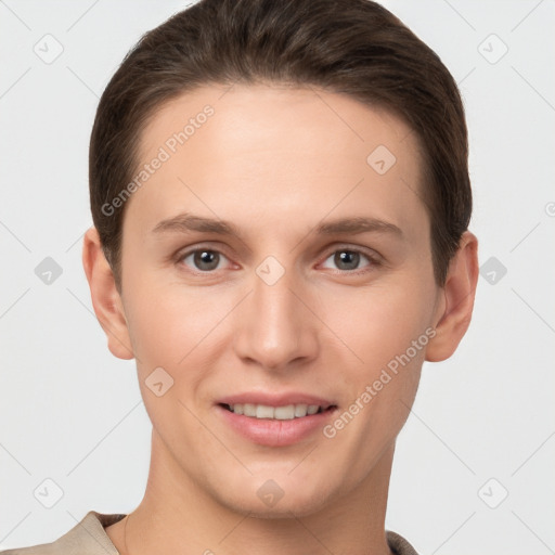 Joyful white young-adult female with short  brown hair and brown eyes