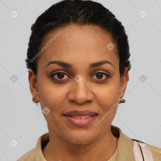 Joyful latino young-adult female with short  black hair and brown eyes