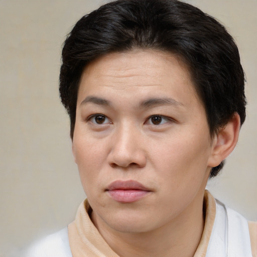 Neutral asian young-adult female with short  brown hair and brown eyes