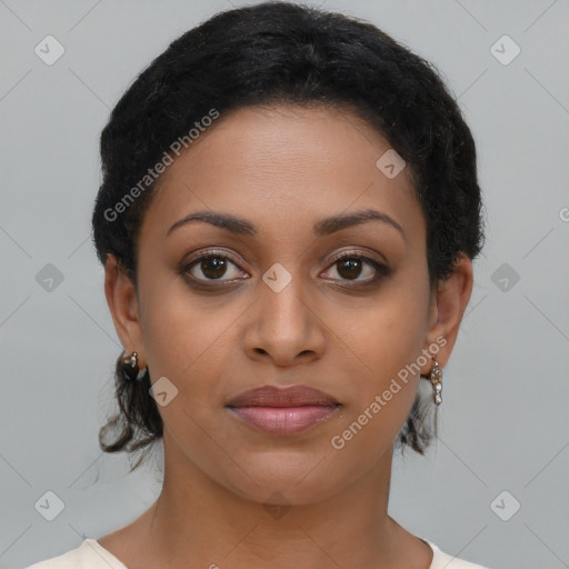 Joyful latino young-adult female with short  brown hair and brown eyes
