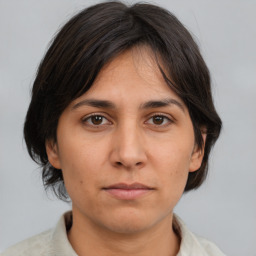 Neutral asian adult female with medium  brown hair and brown eyes