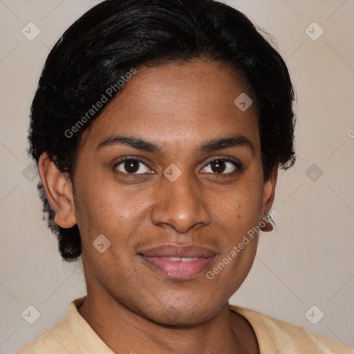 Joyful latino young-adult female with short  brown hair and brown eyes