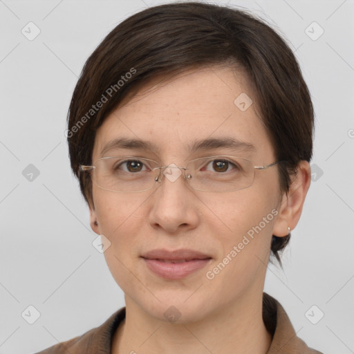 Joyful white adult female with short  brown hair and brown eyes