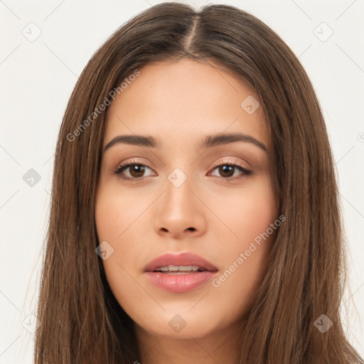 Neutral white young-adult female with long  brown hair and brown eyes