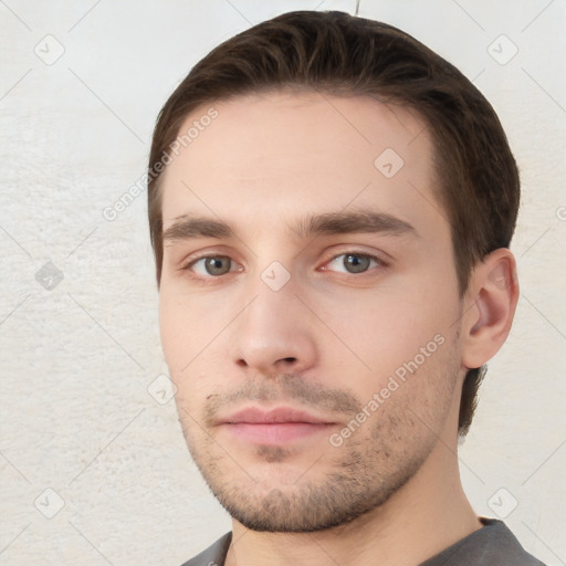 Neutral white young-adult male with short  brown hair and brown eyes