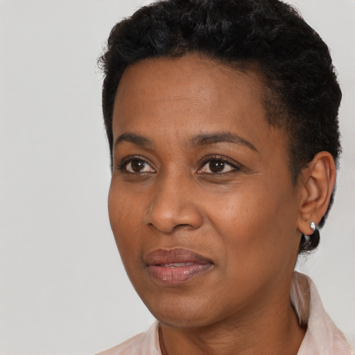 Joyful black adult female with short  black hair and brown eyes