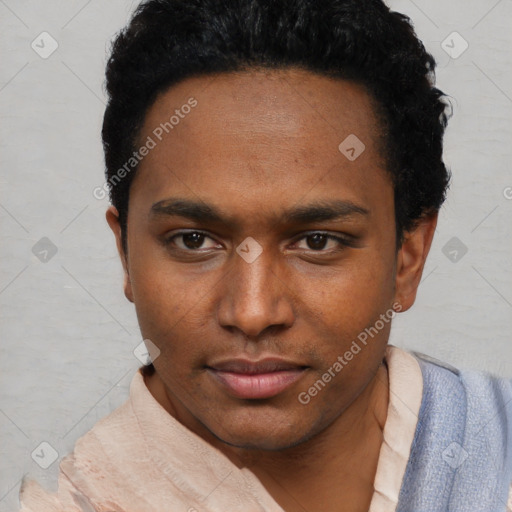 Neutral black young-adult male with short  black hair and brown eyes