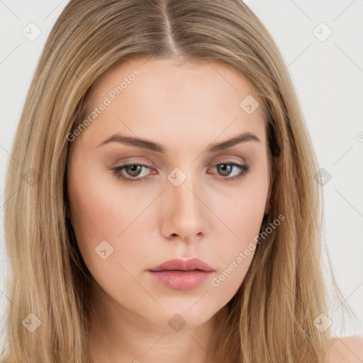 Neutral white young-adult female with long  brown hair and brown eyes