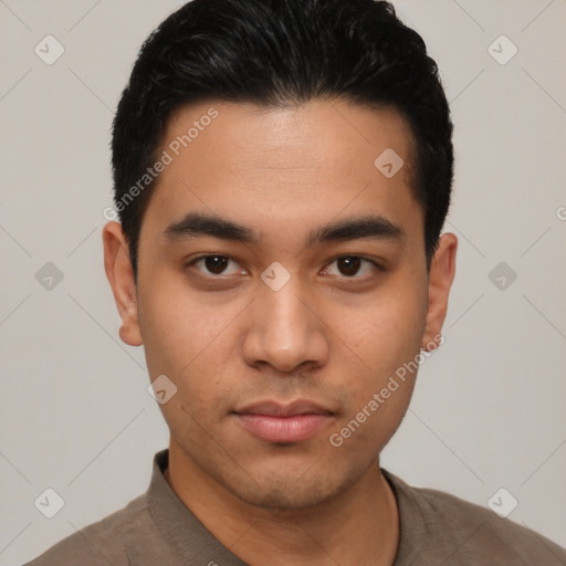 Neutral latino young-adult male with short  black hair and brown eyes