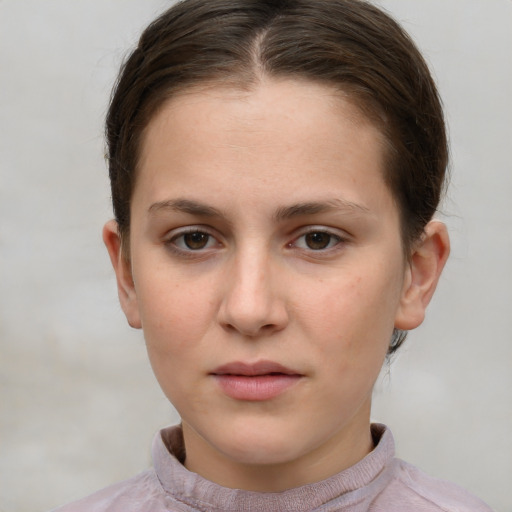 Neutral white young-adult female with short  brown hair and brown eyes