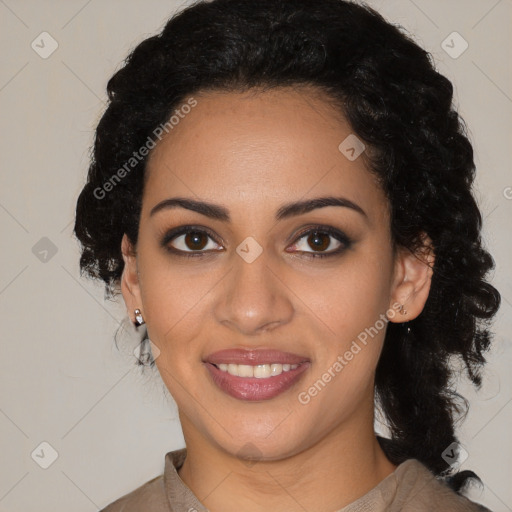 Joyful latino young-adult female with medium  black hair and brown eyes