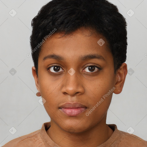 Neutral black young-adult female with short  brown hair and brown eyes