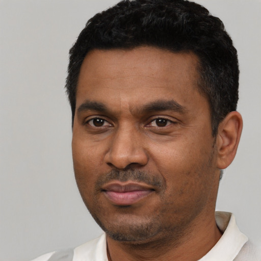 Neutral latino adult male with short  black hair and brown eyes
