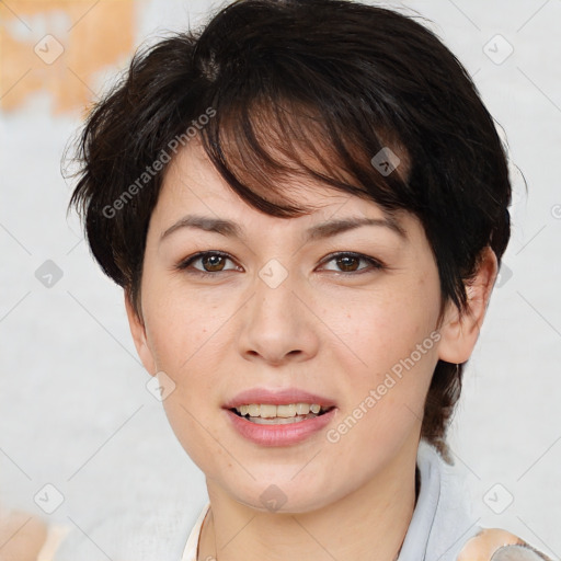 Joyful white young-adult female with medium  brown hair and brown eyes