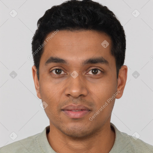 Neutral latino young-adult male with short  black hair and brown eyes