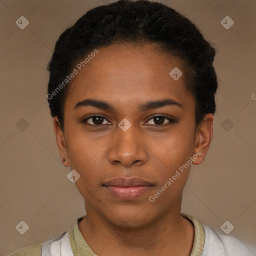 Neutral black young-adult female with short  black hair and brown eyes