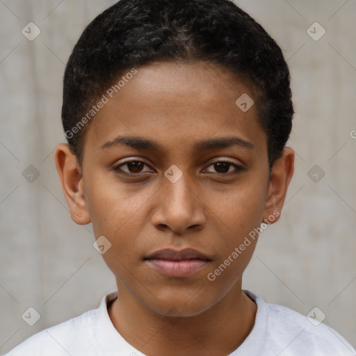 Neutral black young-adult female with short  brown hair and brown eyes