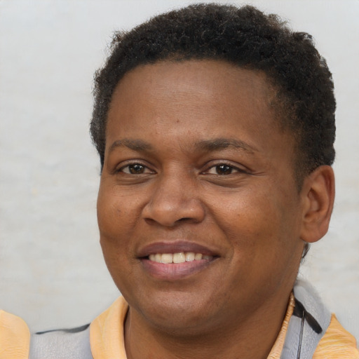 Joyful black adult male with short  brown hair and brown eyes