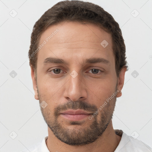 Neutral white adult male with short  brown hair and brown eyes