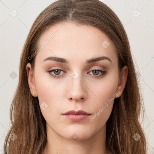 Neutral white young-adult female with long  brown hair and grey eyes