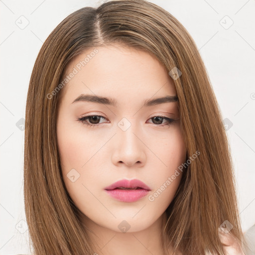 Neutral white young-adult female with long  brown hair and brown eyes