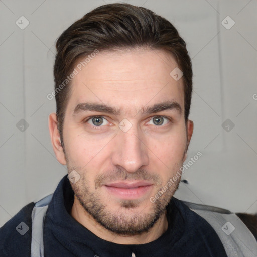 Neutral white young-adult male with short  brown hair and brown eyes