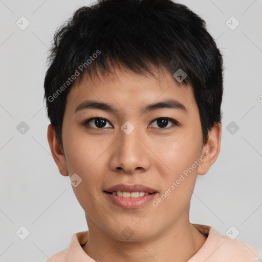 Joyful asian young-adult male with short  brown hair and brown eyes