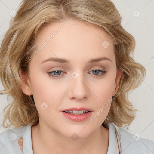 Joyful white young-adult female with medium  brown hair and blue eyes