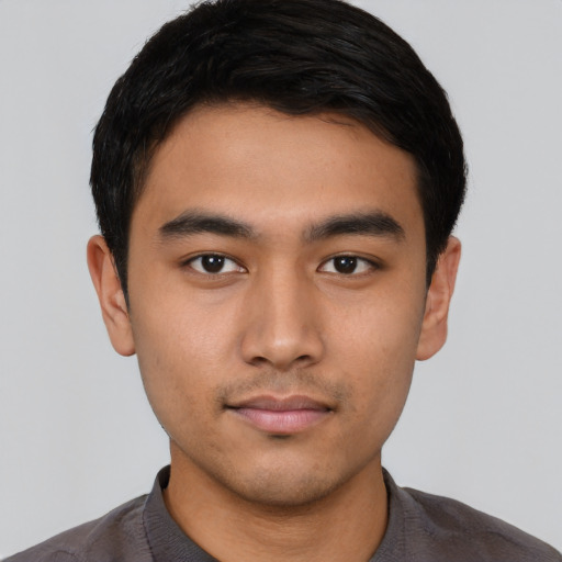 Neutral asian young-adult male with short  black hair and brown eyes