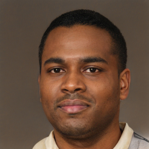 Joyful latino young-adult male with short  brown hair and brown eyes