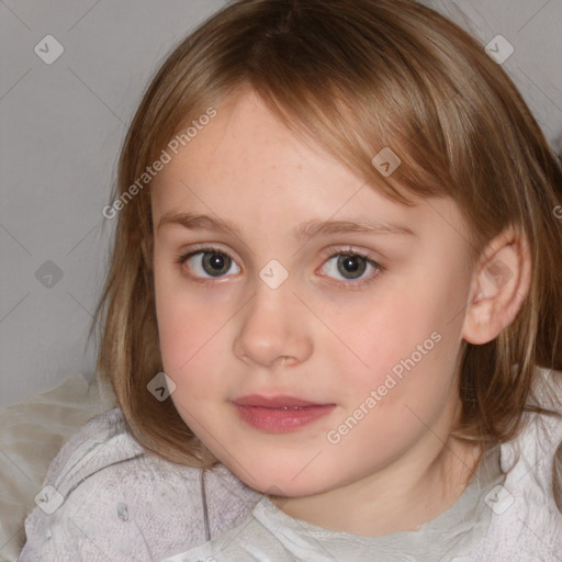 Neutral white child female with medium  brown hair and blue eyes