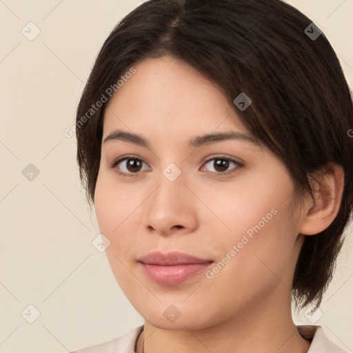 Neutral white young-adult female with medium  brown hair and brown eyes