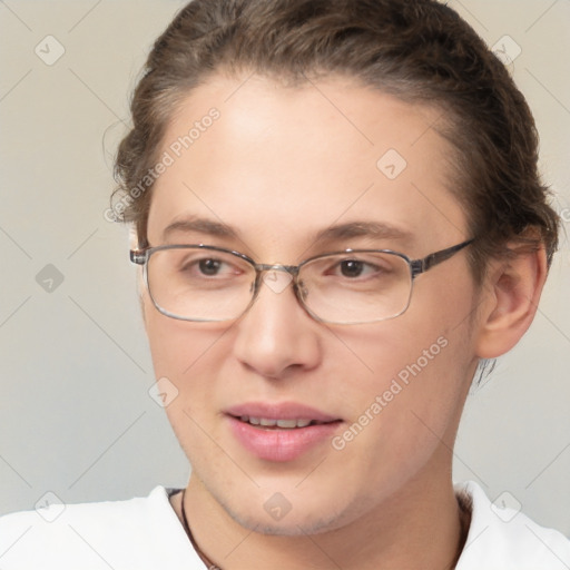 Joyful white adult female with short  brown hair and brown eyes