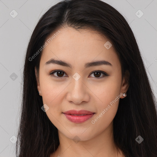 Joyful white young-adult female with long  brown hair and brown eyes