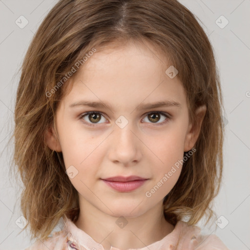 Joyful white child female with medium  brown hair and brown eyes