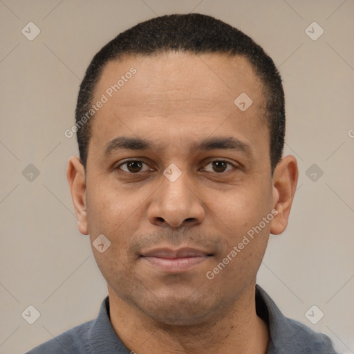 Neutral latino adult male with short  black hair and brown eyes