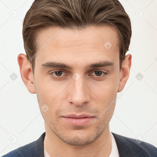 Neutral white young-adult male with short  brown hair and brown eyes