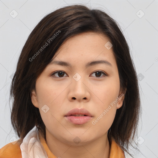 Neutral asian young-adult female with medium  brown hair and brown eyes