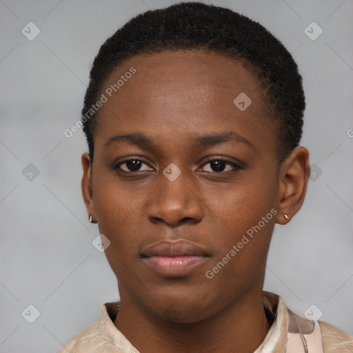 Neutral black young-adult female with short  brown hair and brown eyes