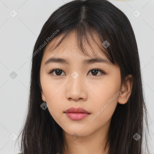 Neutral asian young-adult female with long  brown hair and brown eyes