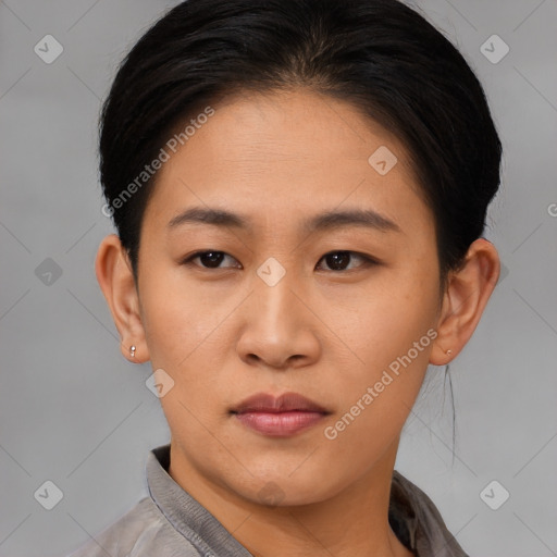 Neutral asian young-adult female with short  brown hair and brown eyes