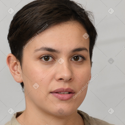 Joyful white young-adult female with short  brown hair and brown eyes